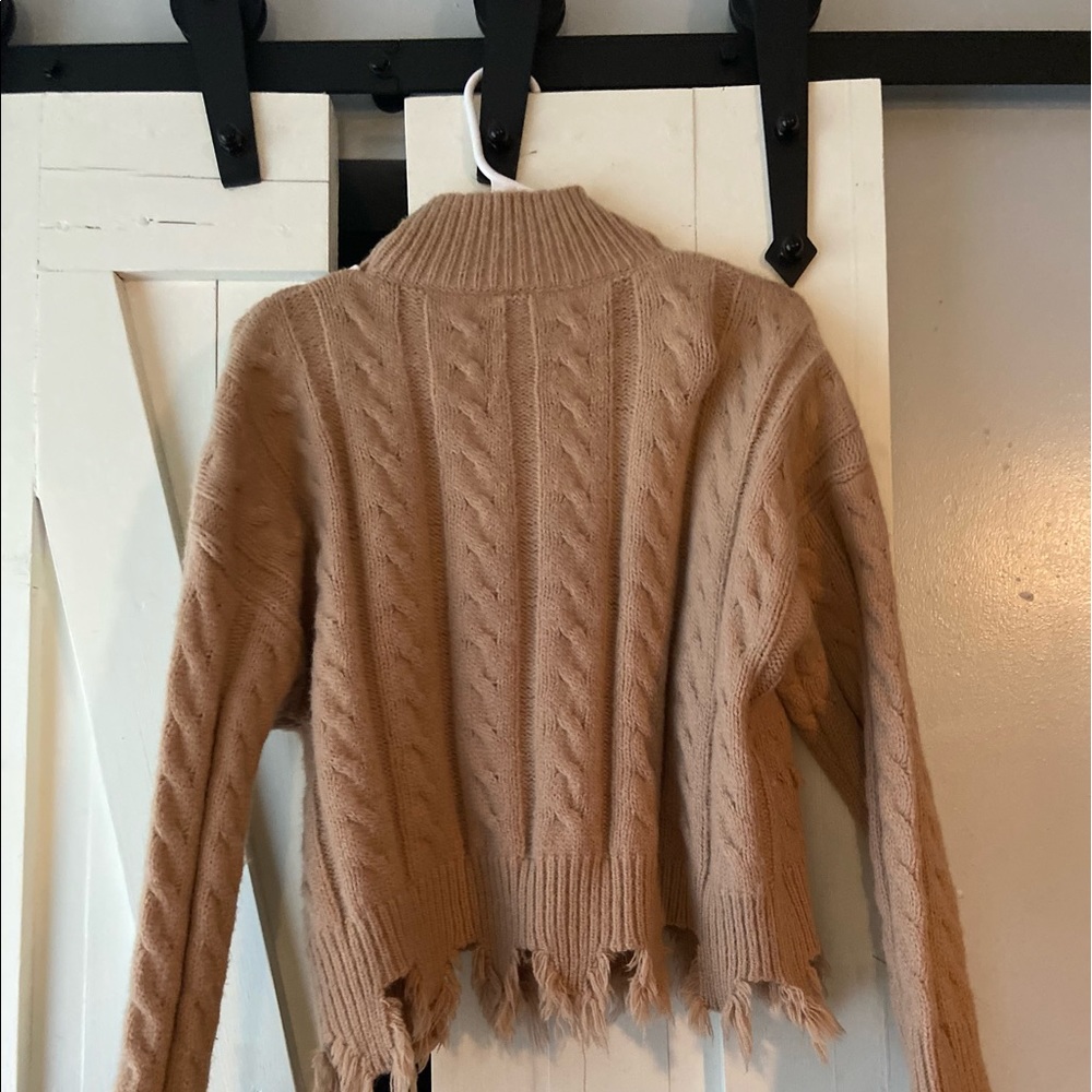 Turtleneck, sweater, tan, distressed look, cropped